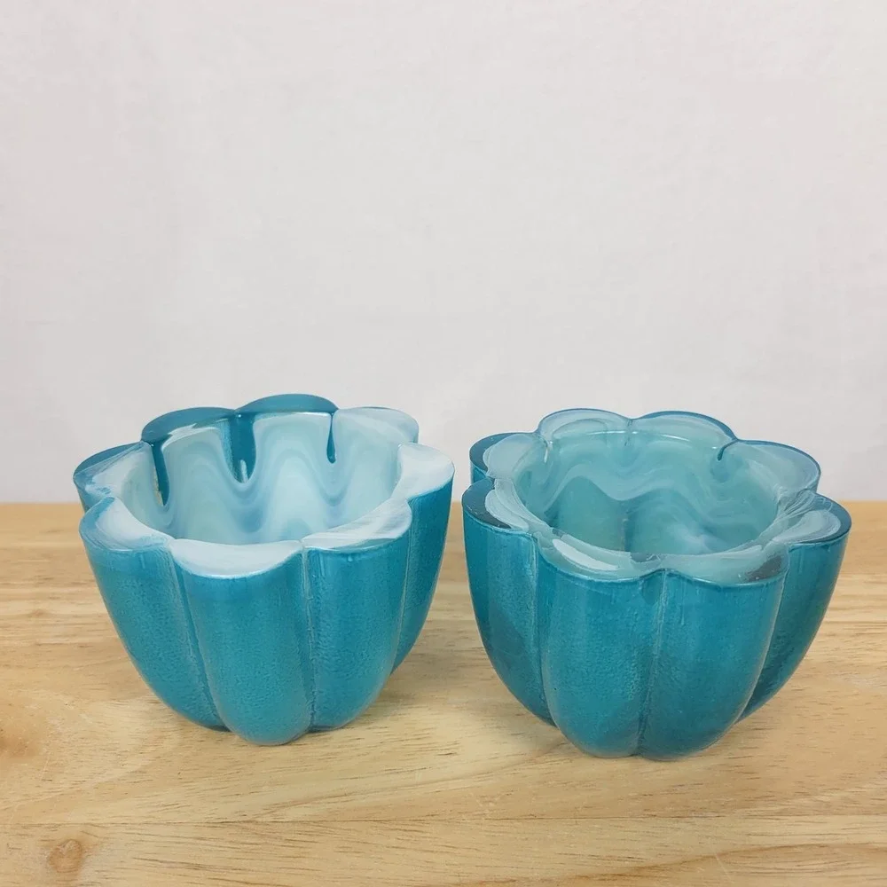 Teal Glass Votive Holders Flower Shape Swirl GlassDecorative Bowl Coastal MCM‎